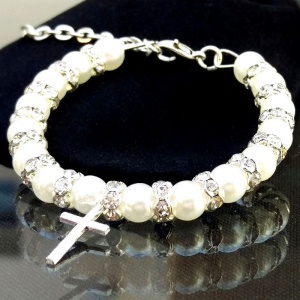 Baby Girls Ivory Pearl & Crystal Christening Bracelet with Cross Charm